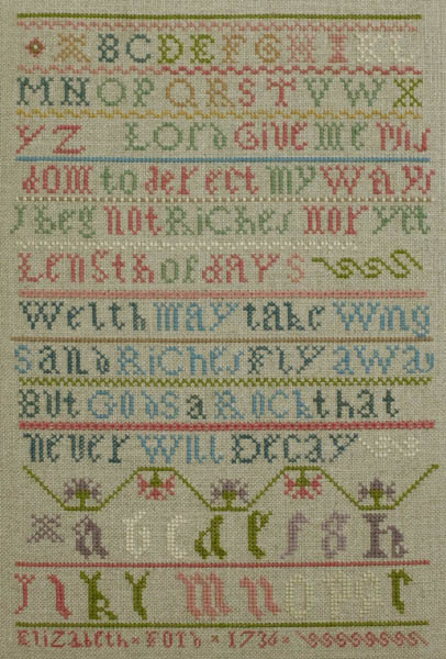 The Elizabeth Ford Sampler 1736 -- click for an enlarged view